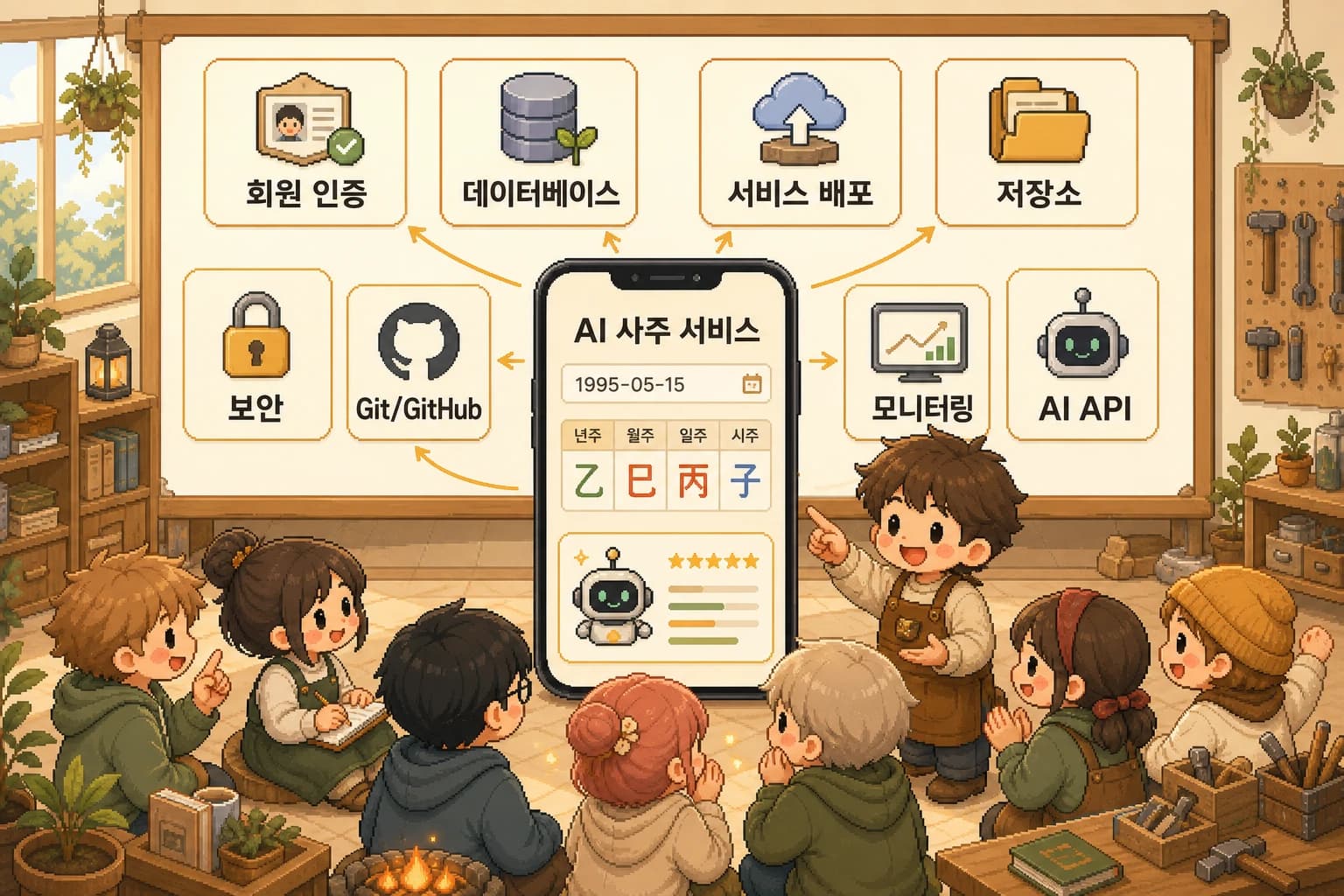 완성된 AI 사주 서비스 화면을 중심으로 회원 인증, 데이터베이스, 배포, 보안 등 서비스 구성요소를 함께 배우는 구성도
